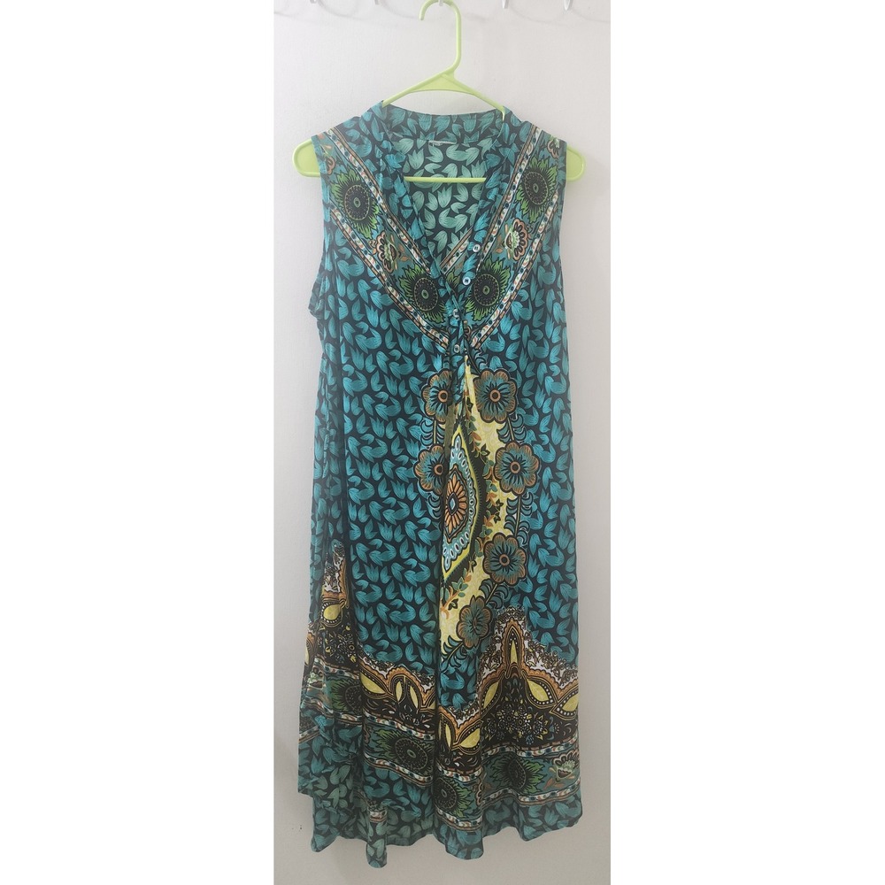 Boho Teal Paisley Sleeveless V-Neck Midi Dress Floral Mandala Print